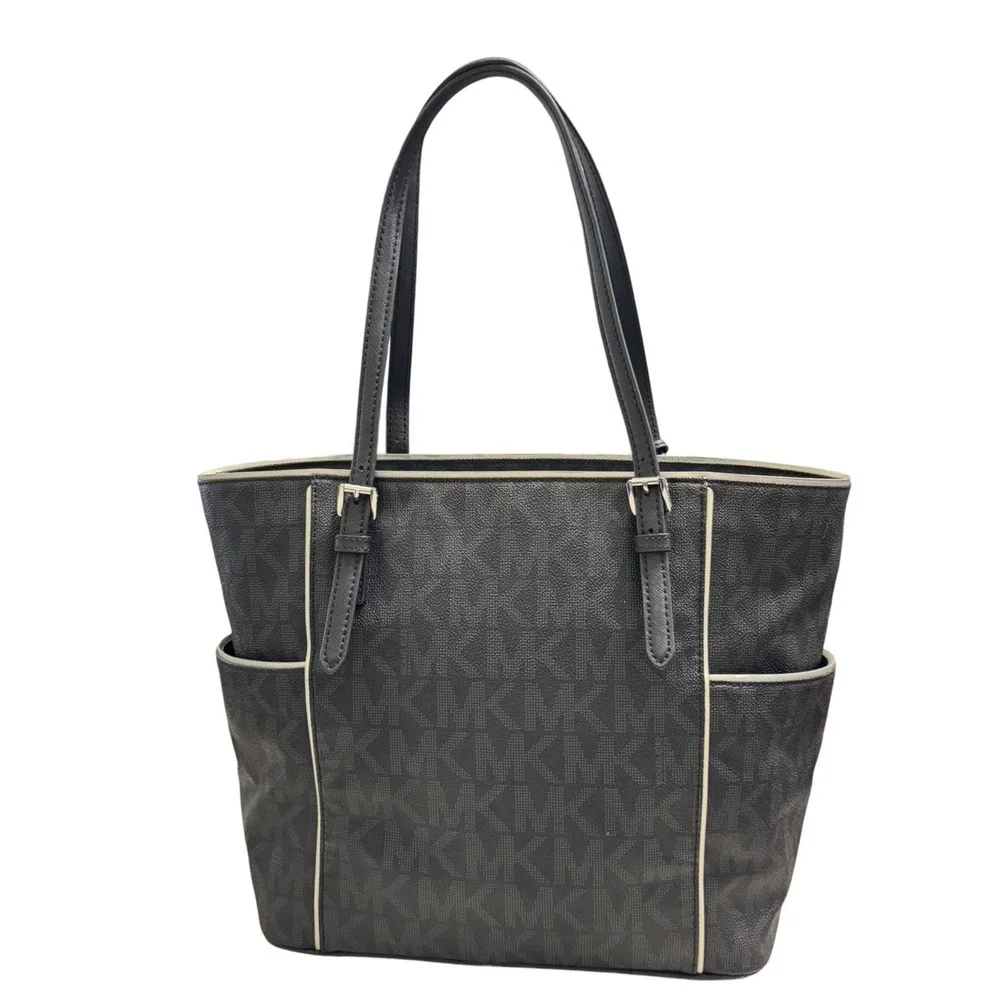 Michael Kors Jet Set Signature Logo Tote Womens Large Black Silver - Picture 2 of 12